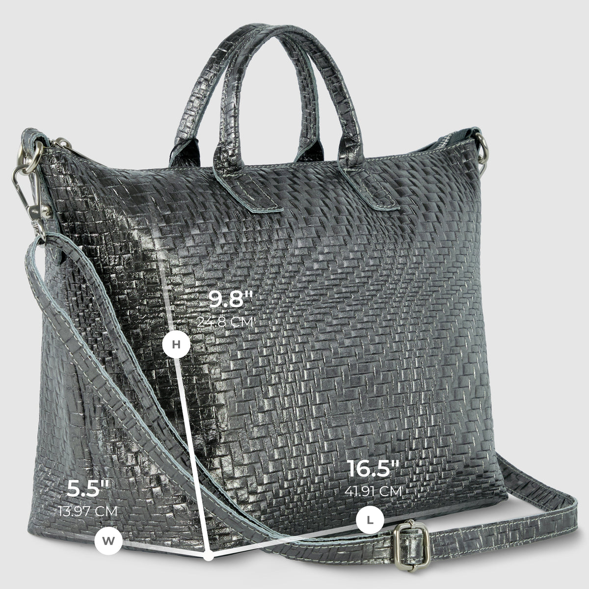 Italian Genuine Basketweave-Embossed Metallic Suede Top-Handle Bag | Treviso