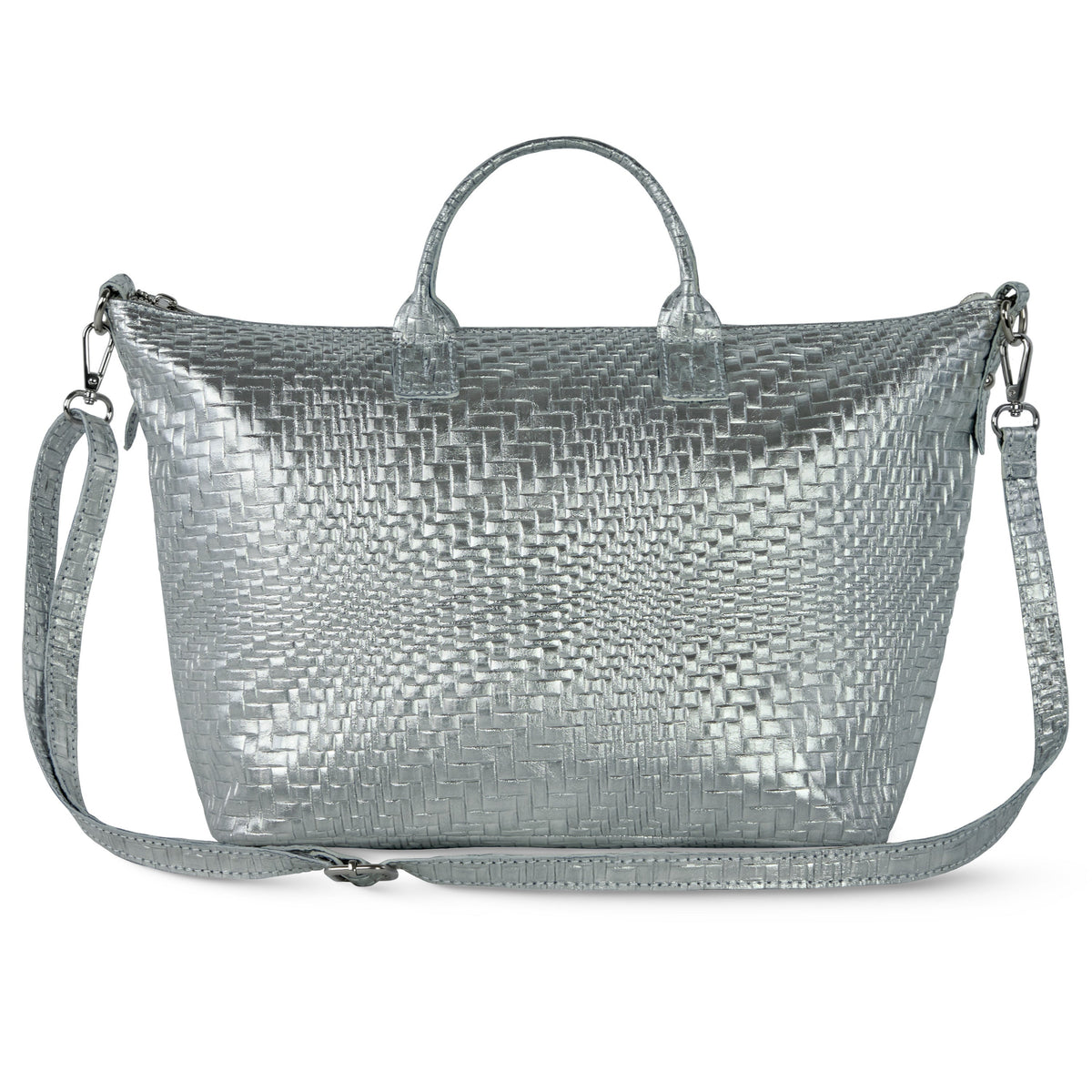 Italian Genuine Basketweave-Embossed Metallic Suede Top-Handle Bag | Treviso
