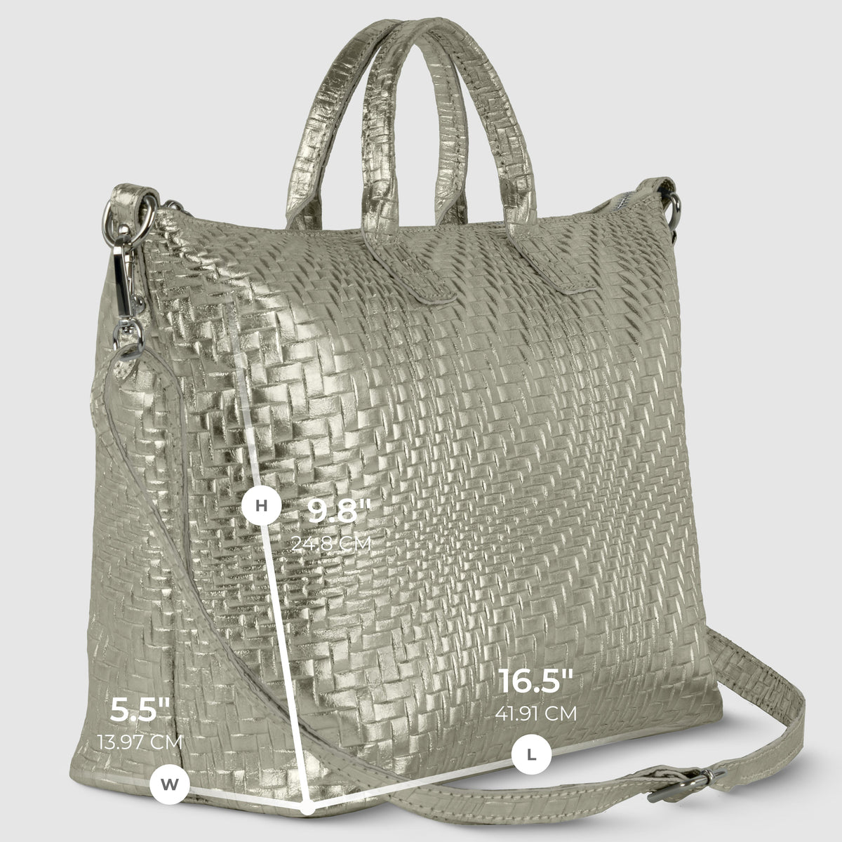 Italian Genuine Basketweave-Embossed Metallic Suede Top-Handle Bag | Treviso